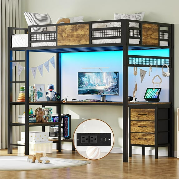Twin Loft Bed with L-Shaped Desk, Metal Twin Size Bed Frame with LED ...