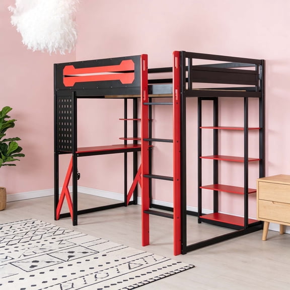 Twin Loft Bed with L-Shaped Desk & Pegboard, Sturdy Metal High Loft Bed with Removable Ladder & Storage Shelves, Space-Saving Bed Frame for Bedroom Dorm, Easy Assembly