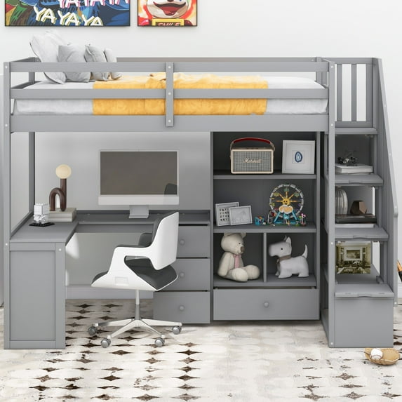 Triple Tree Twin Loft Bed with L Shaped Desk, Storage Staircase and Bookshelves, Gray