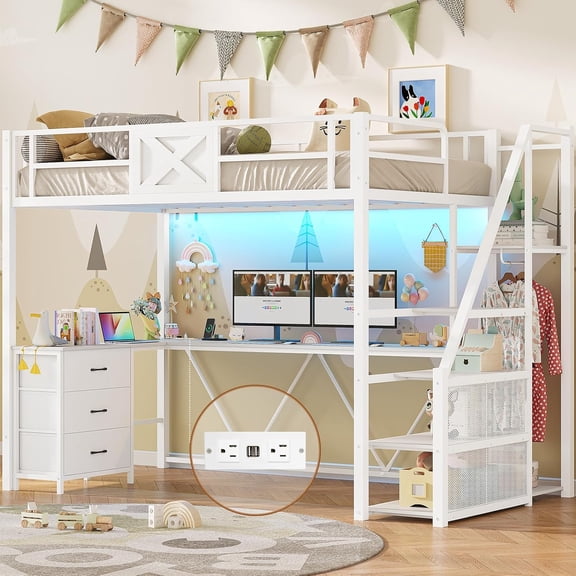 Twin Loft Bed with L Shaped Desk and Wardrobe, Metal Loft Bed Frame with Storage Stairs, 3 Fabric Drawers, LED Lights & Charging Sation, No Box Spring Needed, White