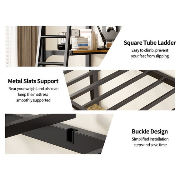 Twin Loft Bed with L-Shaped Desk & Charging Station - Industrial Metal Frame, Antique Black, Space-Saving Modern Design for Bedroom, No Box Spring Needed, 400lb Capacity