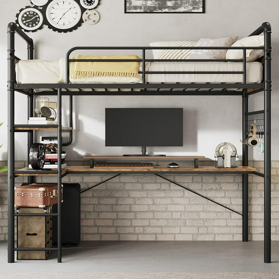 Twin Loft Bed with L-Shaped Workstation, Metal Frame with Two Open Shelves and Decorative Mesh, 13.4" Safety Rail and Ladder, Space Saver, No Box Spring, Brown