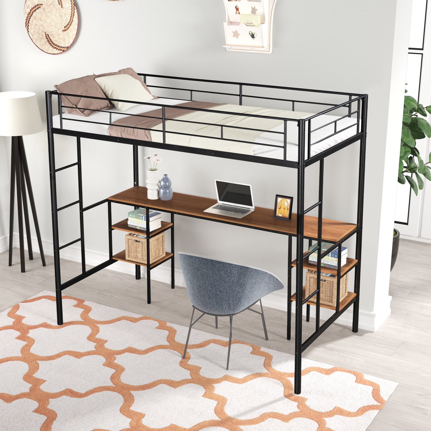 Twin Loft Bed, Metal Loft Bed Frame with Builtin Desk & Storage