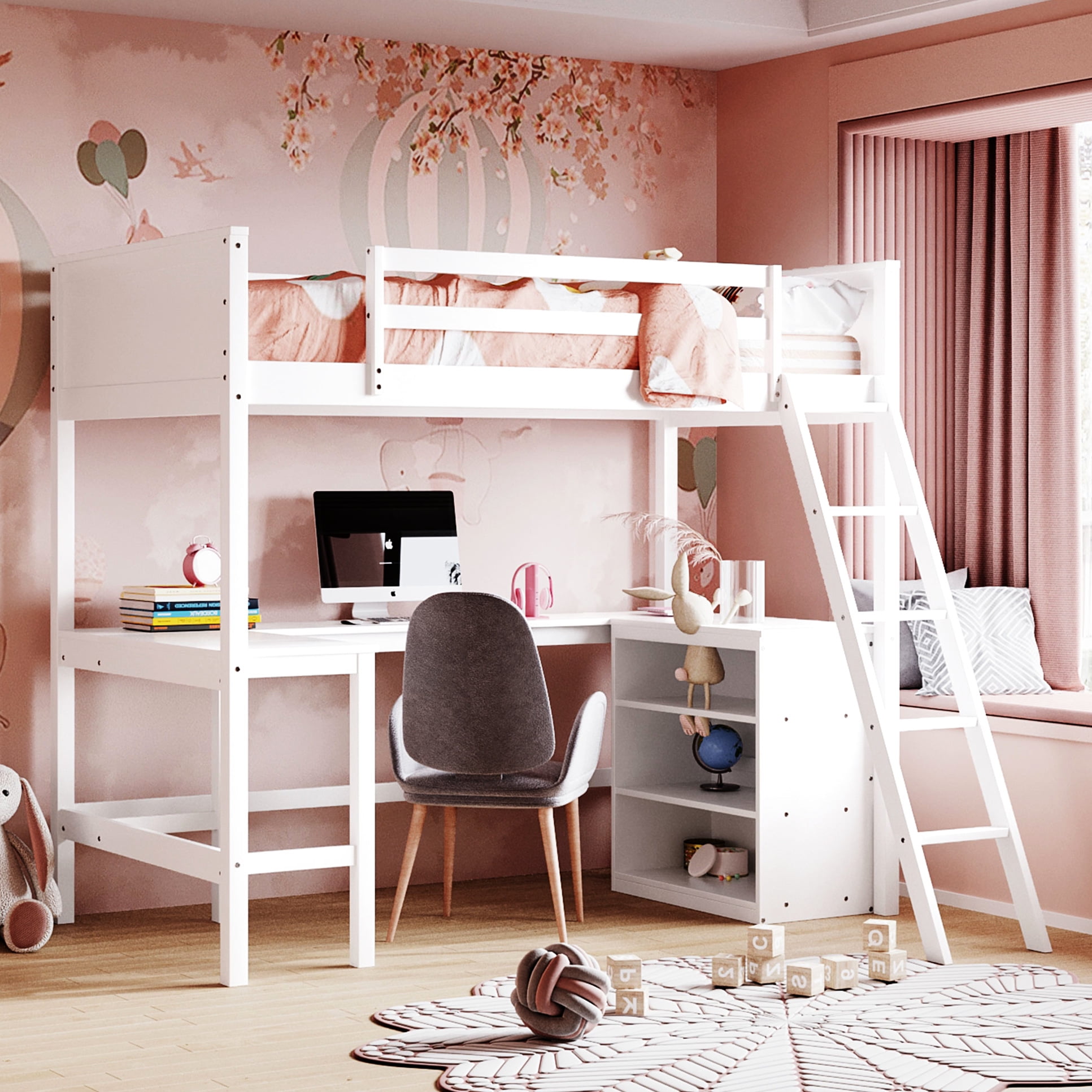 Twin Loft Bed With Shelves And Desk - White. Pine Wood Construction ...
