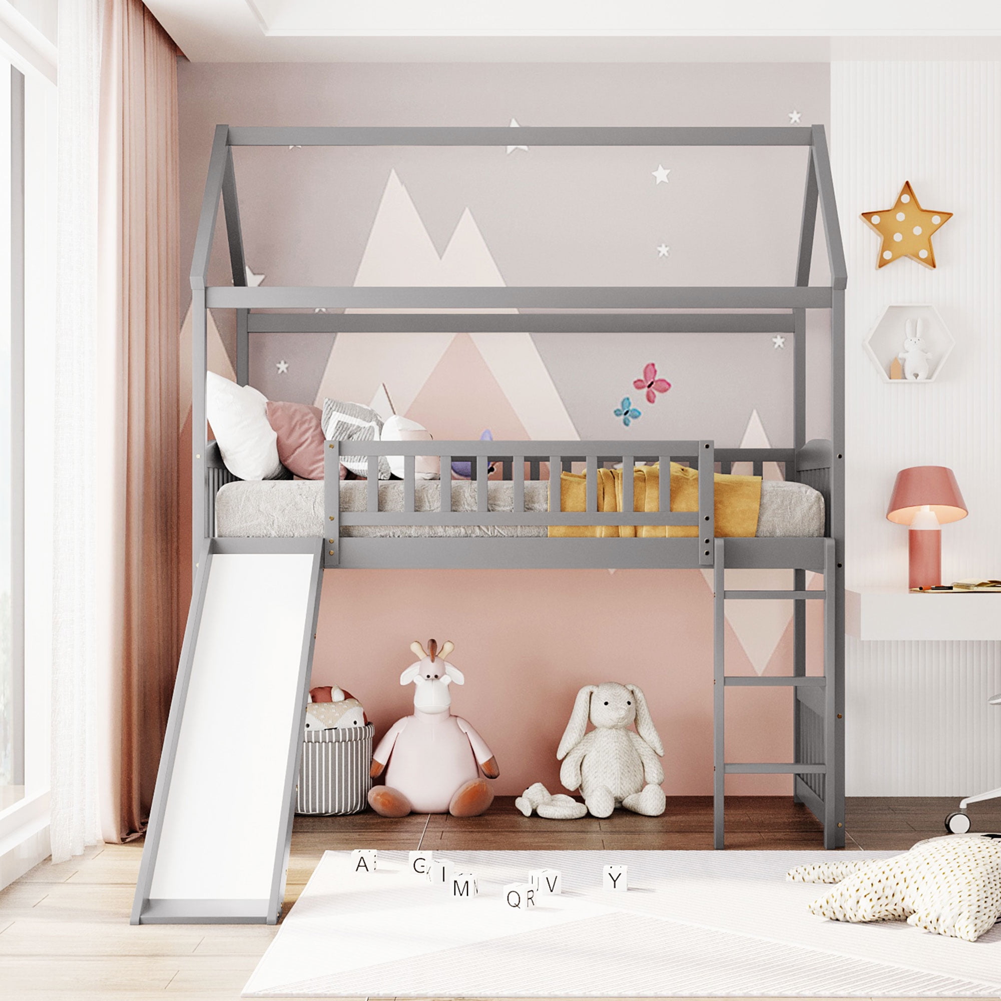 Twin Loft Bed with Slide, House Loft Bed with Pitched Roof and