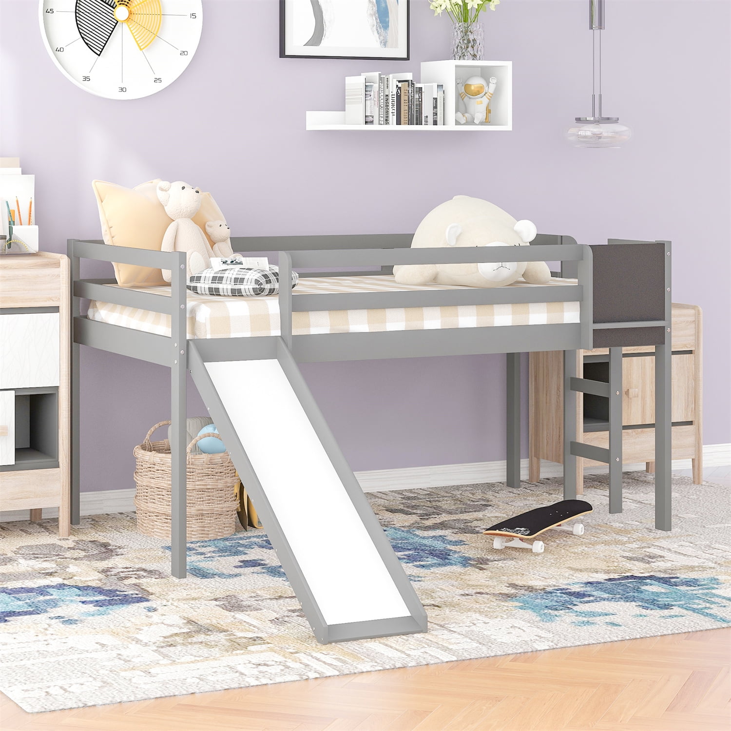 Twin Loft Bed with Slide for Kids, Low Loft Bed Frame with Chalkboard