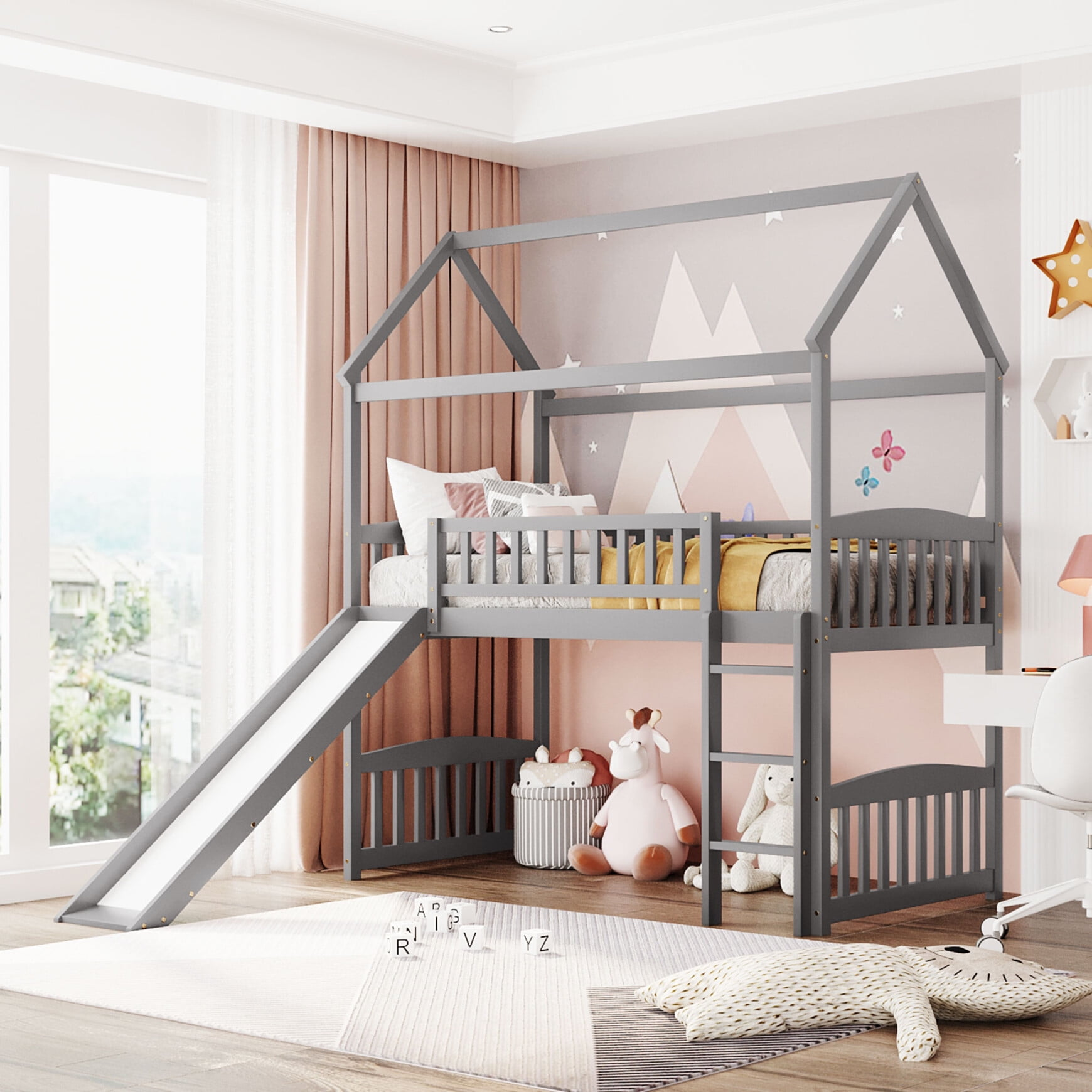 Twin Loft Bed with Slide, Solid Wood House Bed with Convertible Slide and Ladder, Kids Loft Bed