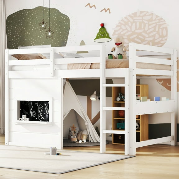 Twin Loft Bed with Sliding Chalkboard, Space Saving Loft Bed with Bookshelf & Desk, Multi-Functional Furniture with Safety Rails, Sturdy Pine Wood Construction,White