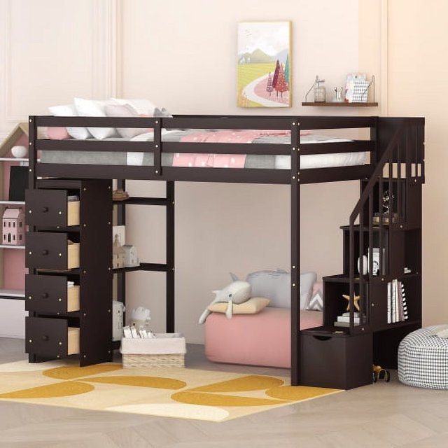 Solid Wood Twin Loft Bed with Stairs, Storage Drawers, Shelves, and