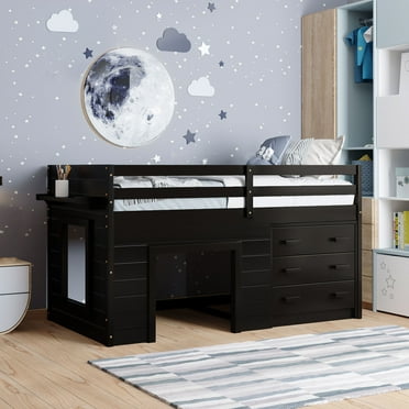 Twin Loft Bed with Storage Drawers, Solid Wood Low Loft Bed with Cabinet and Shelf, Wood Twin Size Loft Bed, for Kids, Girls, Boys,Teens, Adults, No Box Spring Needed, Expresso