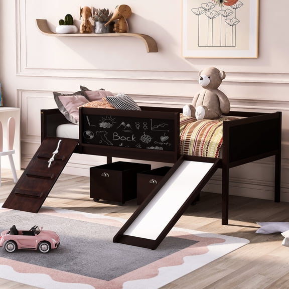 Twin Loft Bed - . Two Storage Boxes Included. Pine Wood Build Frame. Climbing Frame & Rope Entertainment. Double Chalkboard Inspirational. Slide For Quick Exit Size In Supplied. Strength. Enjoyment.
