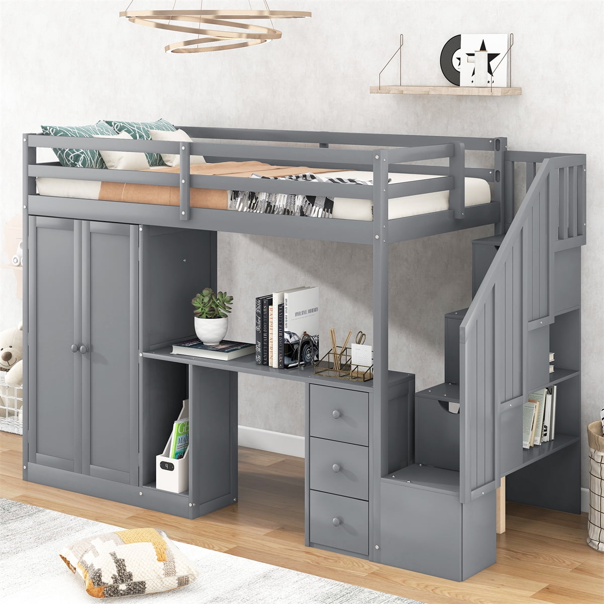 Twin Loft Bed with Wardrobe and Staircase, Wood Loft Bed Frame with ...