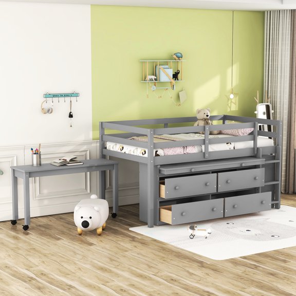Twin Loft Bed With Side Desk And Drawer Storage - Modern Style Size Portable Drawers, Gray, Crafted From Solid Wood