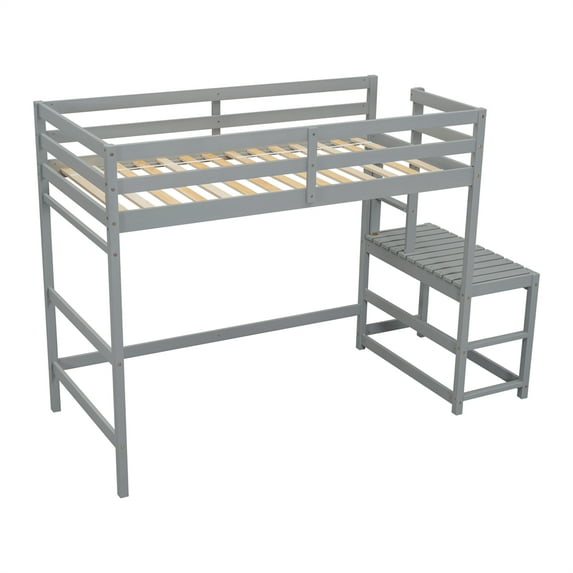 Twin Loft Bed With Stairs Ladder Landing Platform Space-Saving Twin Bed Frame With Full-Length Guardrail No Box Spring Needed