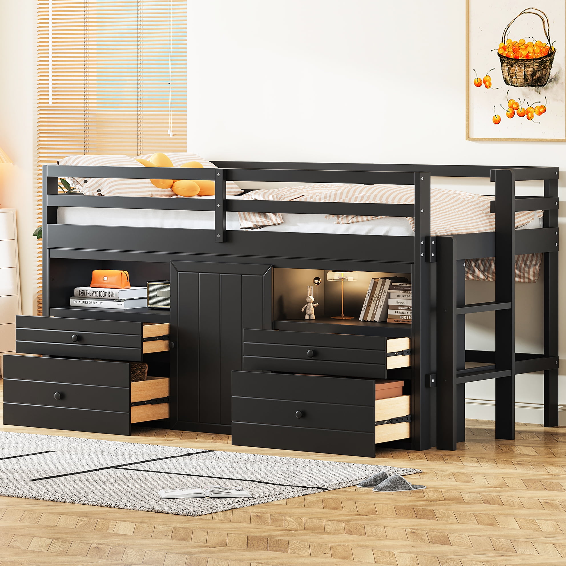 Twin Loft Bed With Underneath Storage, 4 Drawers And Cabinet - Bedroom ...