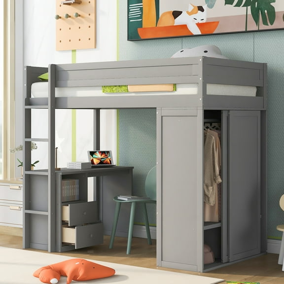 Twin Loft Bed With Wardrobes, Desk & Cabinet, Gray Spark Size And Appearance