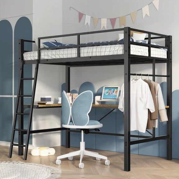 Twin Loft Bed in Black with L-Shaped Work Area & Charging, 4-6" Mattress, Anti-Slide Pads