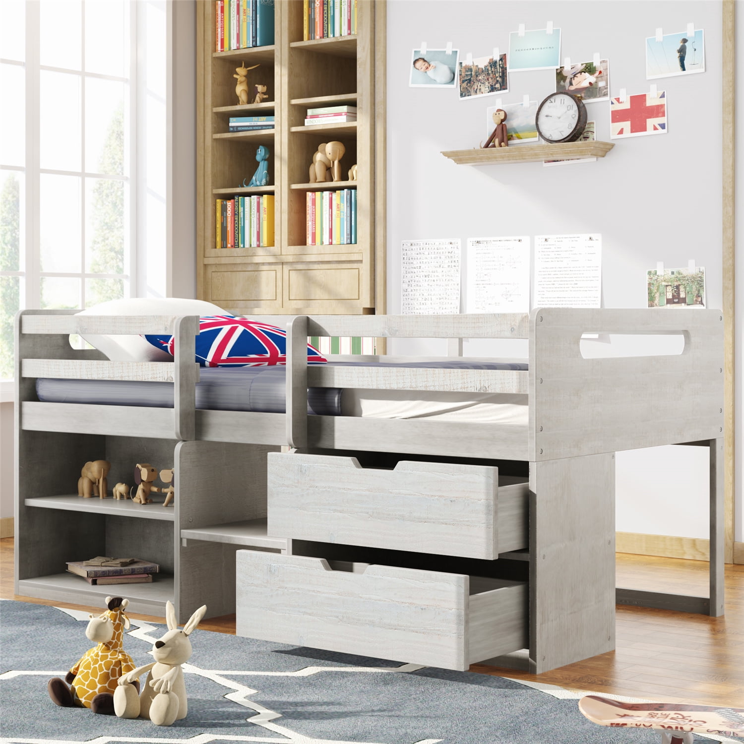 Twin Loft Bed with 2 Drawers and 2 Shelves, Wooden Low Loft Bed Frame ...