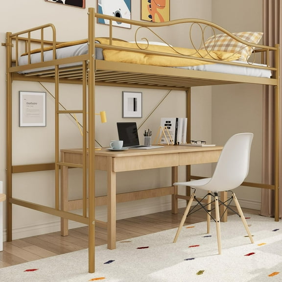 Twin Loft Bed with Adjustable Ladder & Full Guardrail, Metal Frame, 400 LBS Weight Capacity, Space-Saving, Noise-Free, No Box Spring, Gold Finish