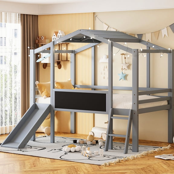 Twin Loft Bed with Blackboard and Slide Function / Allow You to Record Creative Ideas Freely