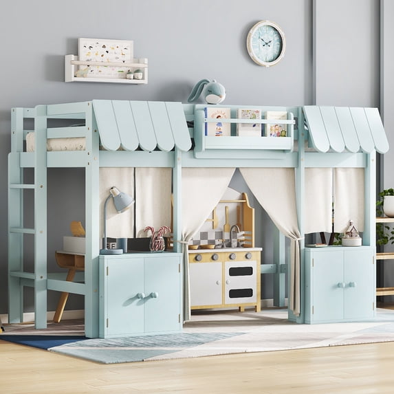 Twin Loft Bed with Built-in Bookshelf, Curtain, and Storage Shelf Amusement Park-Inspired Playful Design Safety Guardrails, Blue