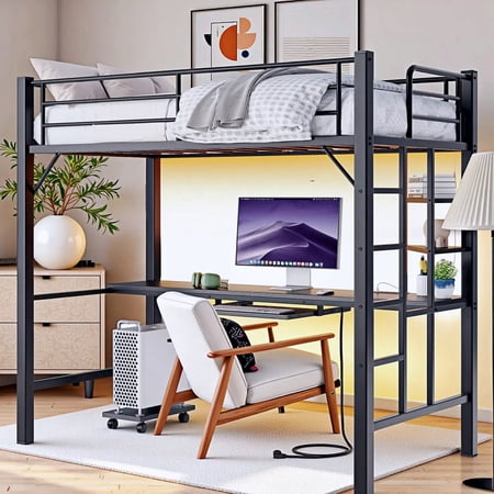 Twin Loft Bed with Desk, Lofka Metal Bunk Bed with LED Lights, Charging Sation, Storage Shelves,Safety Guard and Ladder, Black