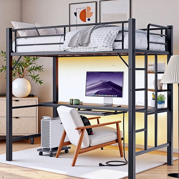 Twin Loft Bed with Desk, Lofka Metal Bunk Bed with LED Lights, Charging Sation, Storage Shelves,Safety Guard and Ladder, Black
