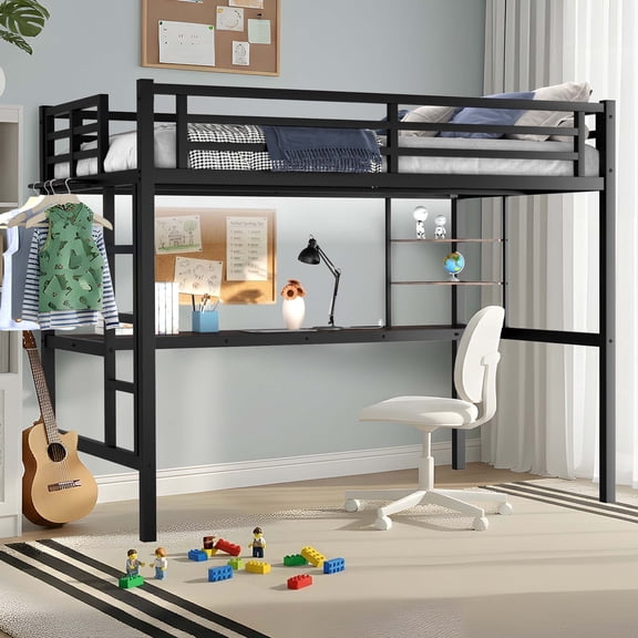 Twin Loft Bed with Desk, Metal Loft Bed Frame with LED Light Strip, Power Outlet, Shelves and Clothes Rail, Black
