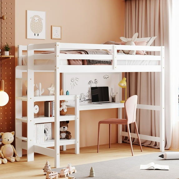 Twin Loft Bed with Desk, Wood Loft Bed Frame with 3 Storage Bookshelf, Under-Bed Desk and Writing Board, White