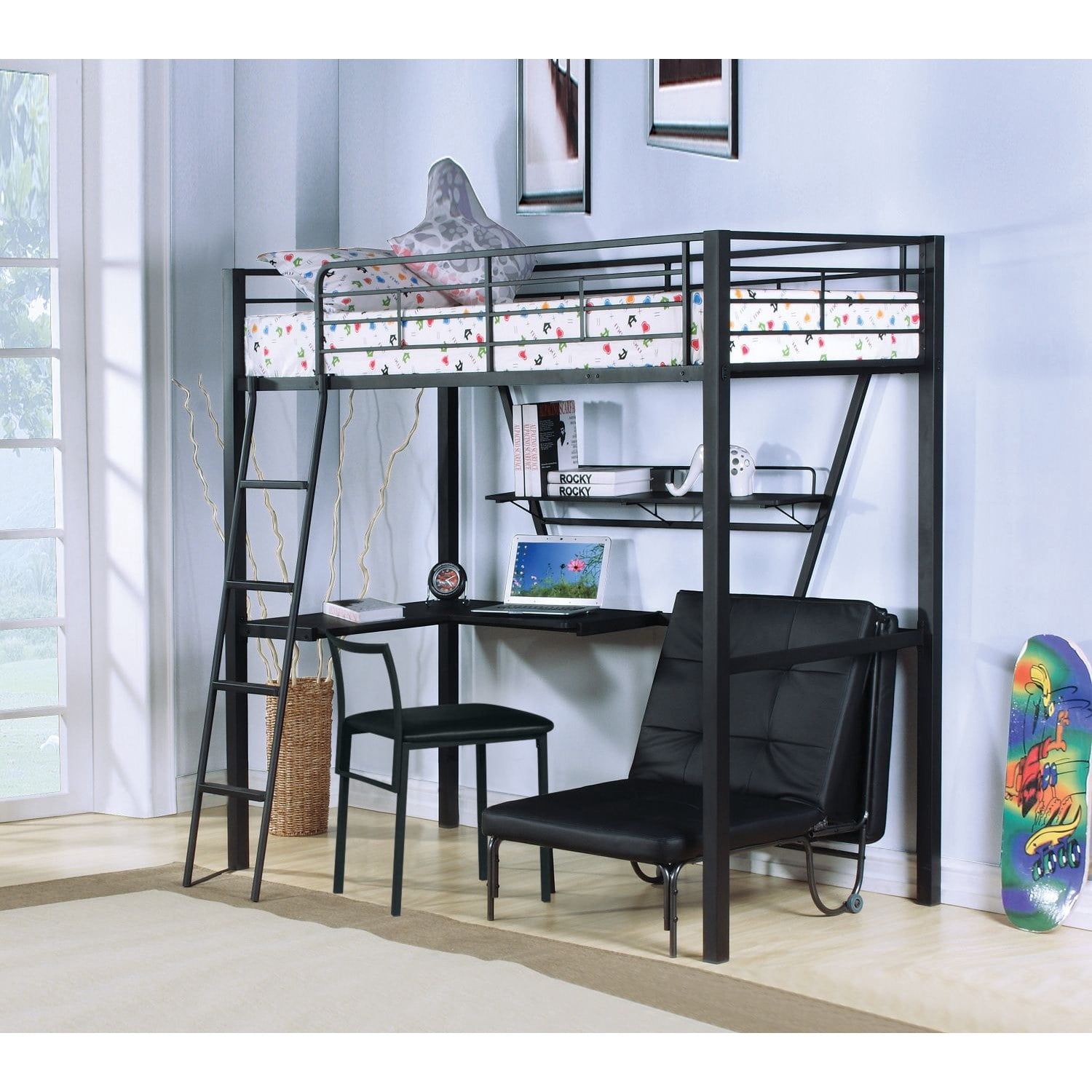 Twin Loft Bed with Desk and Reversible Ladder, Metal and Synthetic Wood Frame, Built-In Slat System, 79 in Long