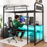 iRerts Twin Metal Loft Bed with Desk, LED Lights, Kids Loft Bed Frame Twin Size with Safety Guardrail, No Box Spring Needed, Black