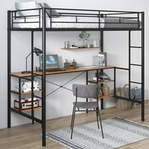Twin Loft Bed with Desk for Kids Teens, Metal Bunk Loft Bed with 4 Storage Shelves/Stairs/Guardrails, Kids Loft Bed for Bedroom, Black