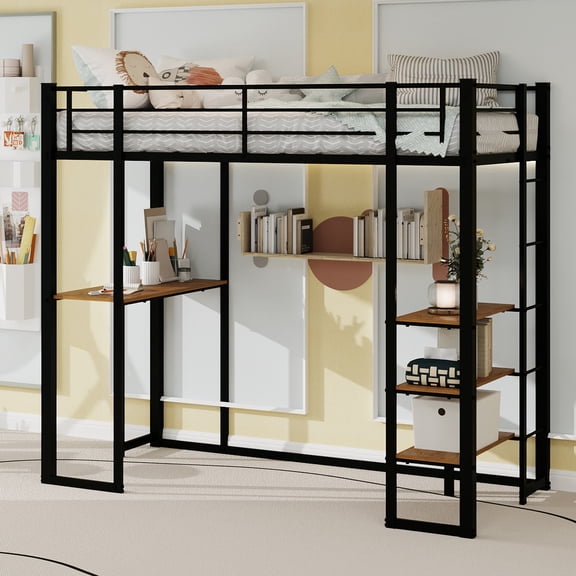 QSOCSSP Twin Loft Bed with Desk, twin bed with storage, Space-Saving Design for Small Rooms or Offices, Metal and Wood, Black Finish
