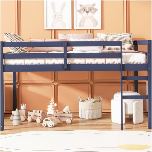 Twin Loft Bed with Ladder, Low Height Design, Blue Solid Wood Bunk Bed Frame with Guardrail & Reinforced Slats