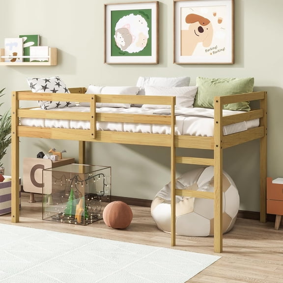 Twin Loft Bed with Ladder, Wood Sturdy Low Loft Bed Frame for Boys Girls and Junior