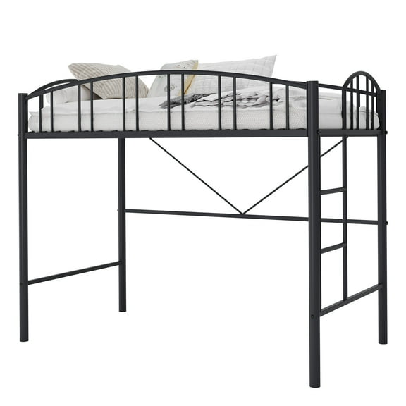 Twin Loft Bed with Ladder and High-Arched Guardrail, Sturdy Metal Slats, Space-Saving Design, Modern Style, Easy Assembly, No Box Spring Needed