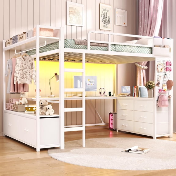 Twin Loft Bed with Led Lights, Safety Guard & Ladder, Modern Metal Twin Loft Bed Frame with L-Shaped Desk and 8 Drawers for Bedroom