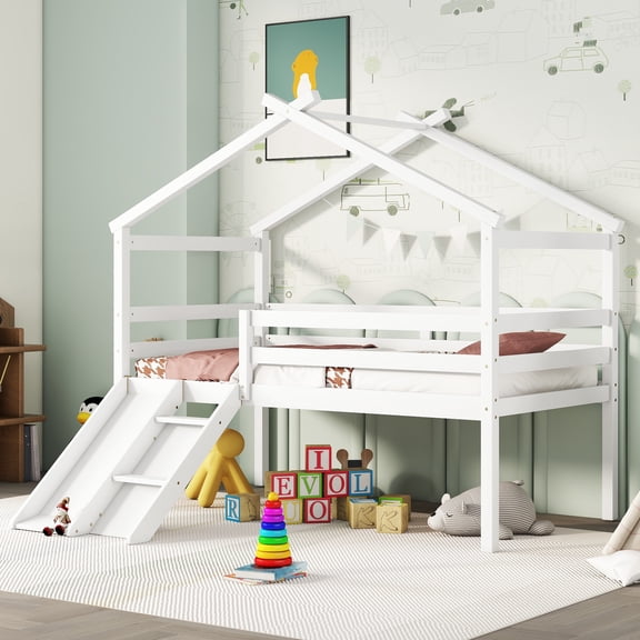 Twin Loft Bed with Slide, Solid Wood Bed Frame, Modern Loft Bed with Ladder & Guardrail for Bedroom, White