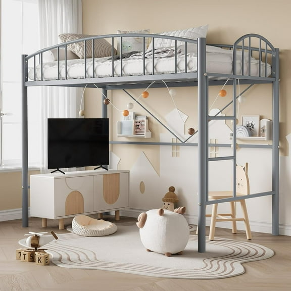 Twin Loft Bed with Stairs & Arched Guardrail, Metal Slats, Space Saving, Noise Free, No Box Spring, Gray