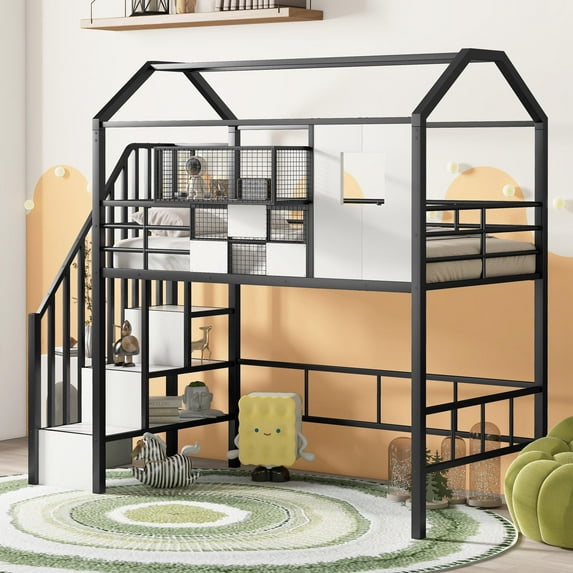 Twin Loft Bed with Stairs, Metal House Loft Bed with Storage Box, Heavy Duty Low Loft Bed Twin Size Frame-Black