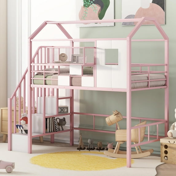 Twin Loft Bed with Stairs, Metal House Loft Bed with Storage Box, Heavy Duty Low Loft Bed Twin Size Frame-Pink