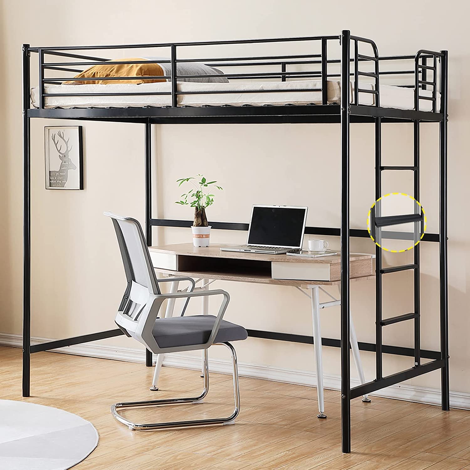 Twin Loft Bed with Stairs Metal Loft Bunk Bed with Safety Guard Rails