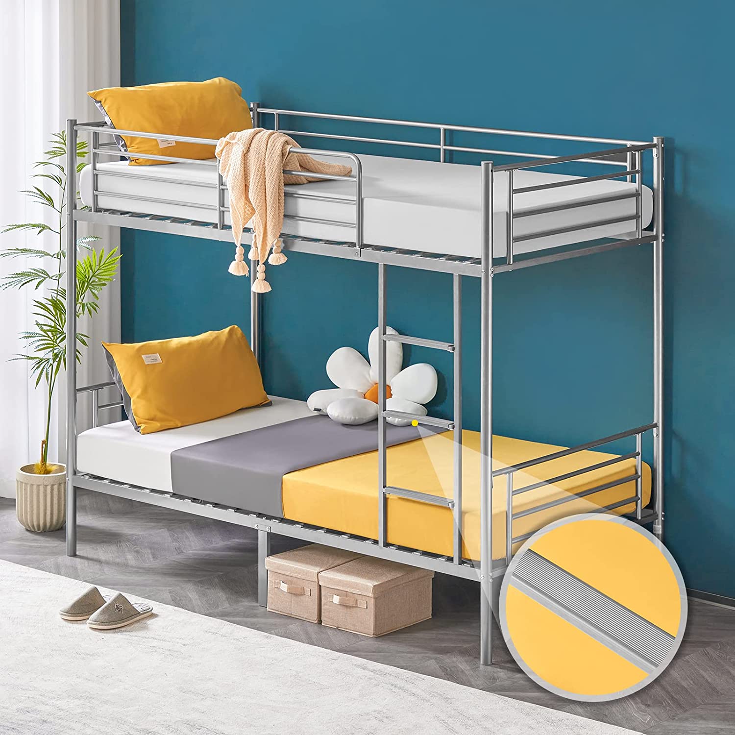 Twin Loft Bed with Stairs Metal Loft Bunk Bed with Safety Guard Rails