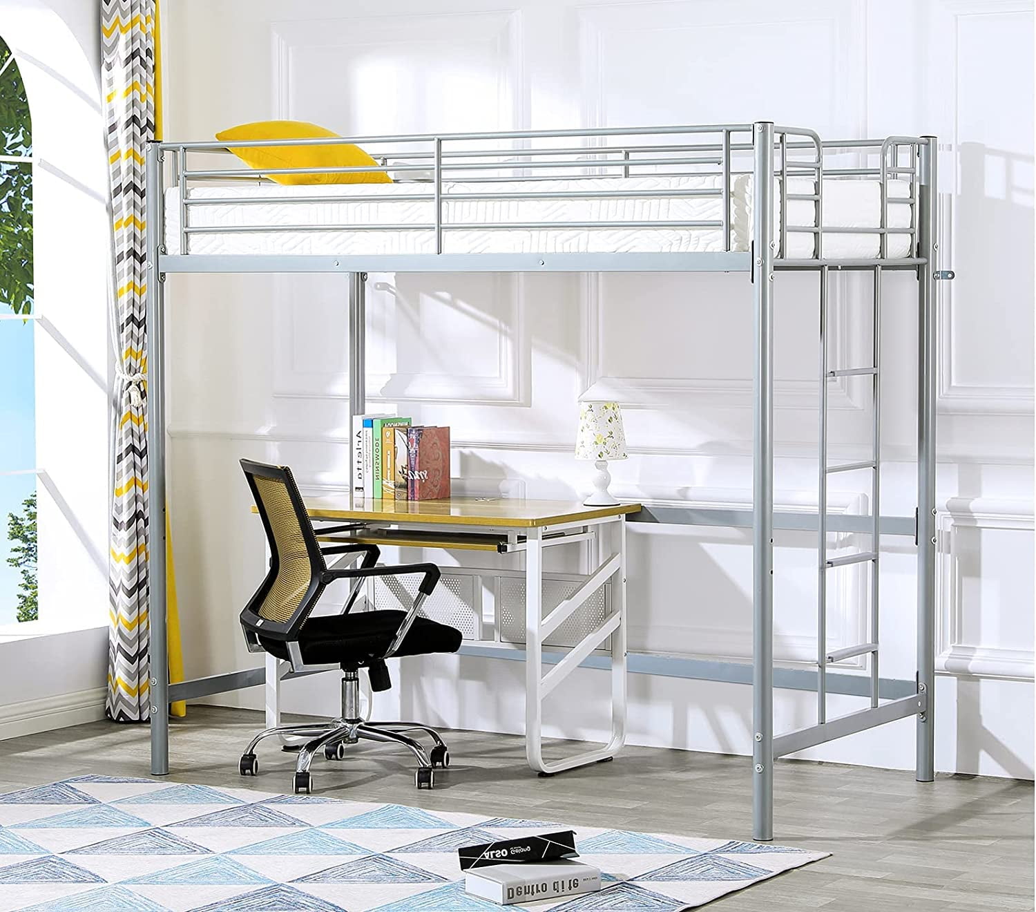 Twin Loft Bed with Stairs Metal Loft Bunk Bed with Safety Guard Rails
