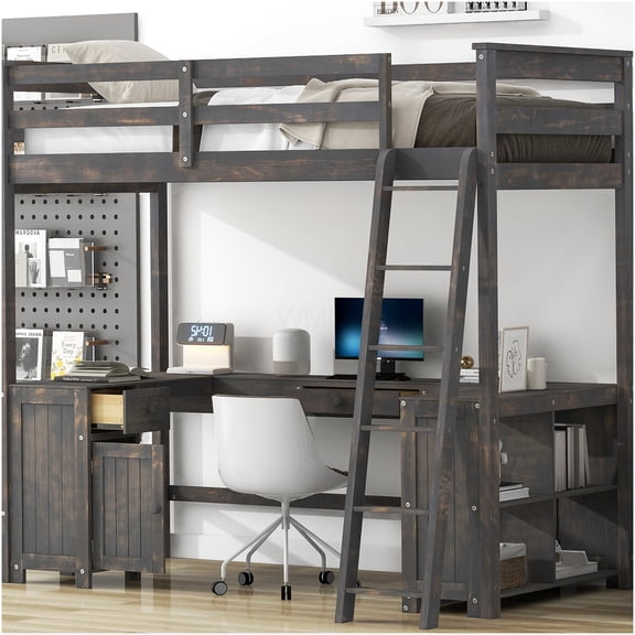 Twin Loft Bed with U-Shaped Desk & Storage Shelves, Study Desk with Drawers & Cabinet, Space Saving Loft Bed Frame, Antique Brown Finish