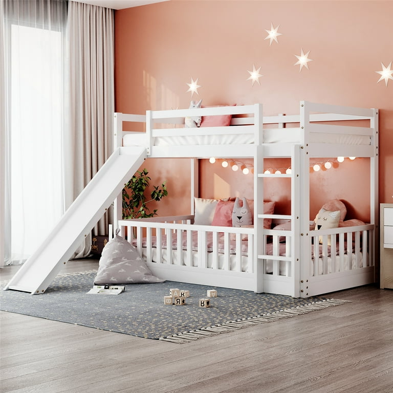 Twin over Twin Low Bunk Bed with Slide Convertible Solid Wood Floor Bunk Bed Frame with Safety Guardrail and Ladder for Kids Boys Girls Saving Spaces Design No Box Spring Needed White
