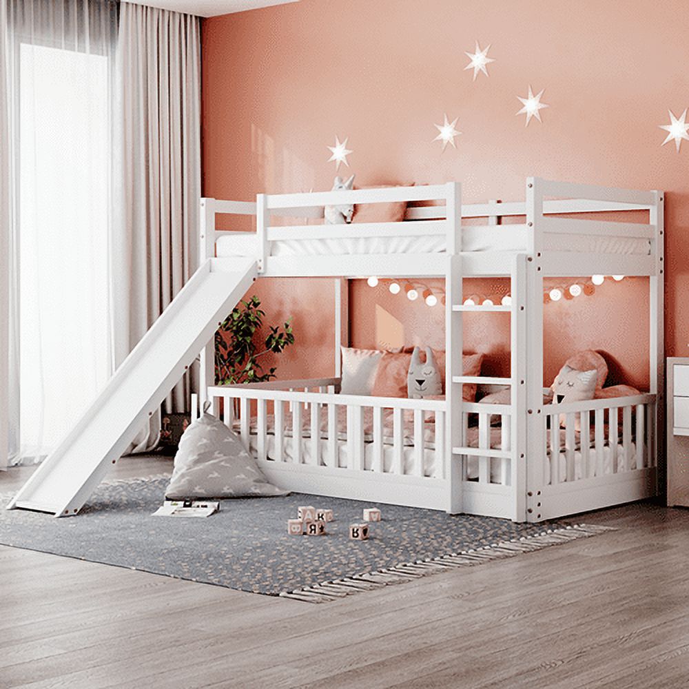 Twin over Twin Low Bunk Bed with Slide, Convertible Solid Wood Bunk Bed ...