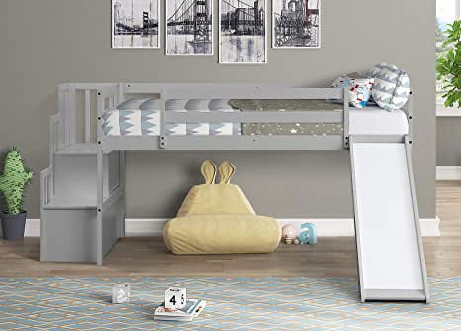 Twin Low Loft Bed with Slide and Storage Stairs and FullLength
