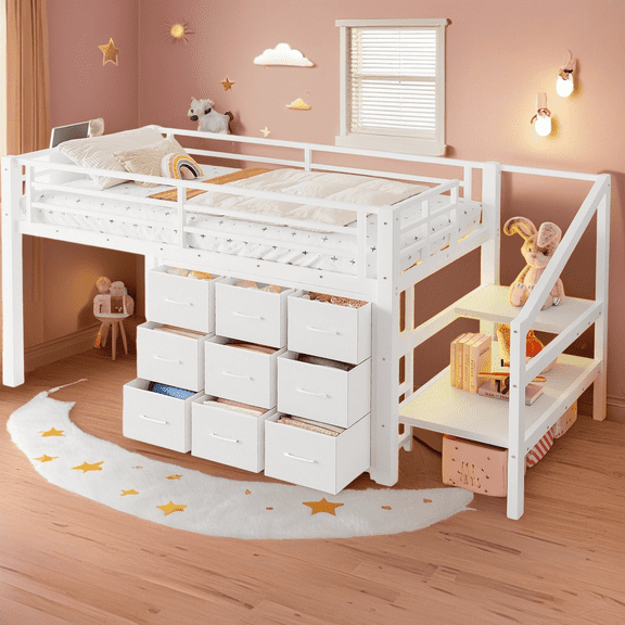 Twin Low Loft Bed with Storage Stairs, Fabric Drawers and Shelves, Metal Frame with Built-in Lights, Ample Under-Bed Space, No Box Spring Needed, White