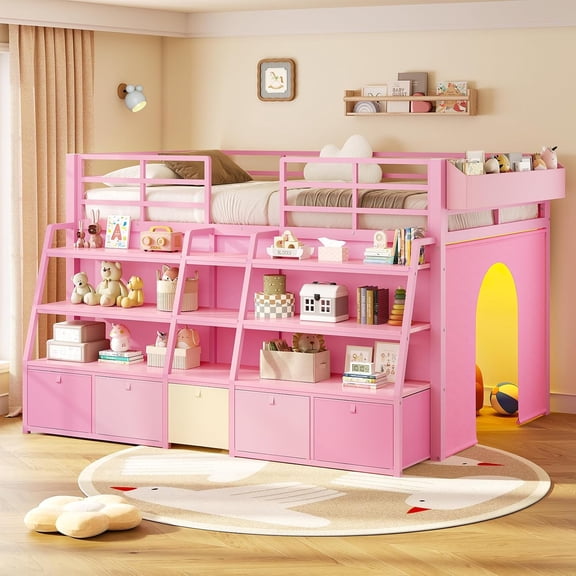 Twin Low Loft Bed with LED Light, 5 Drawers & Storage Shelves, Metal Frame with Stairs, Safety Guardrail, Space-Saving Design, Pink
